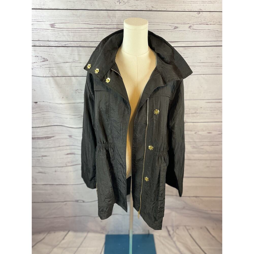 Women’s Black Anorak Jacket Stand Collar Hidden Hood Zip Front Lined Size M - Picture 2 of 8
